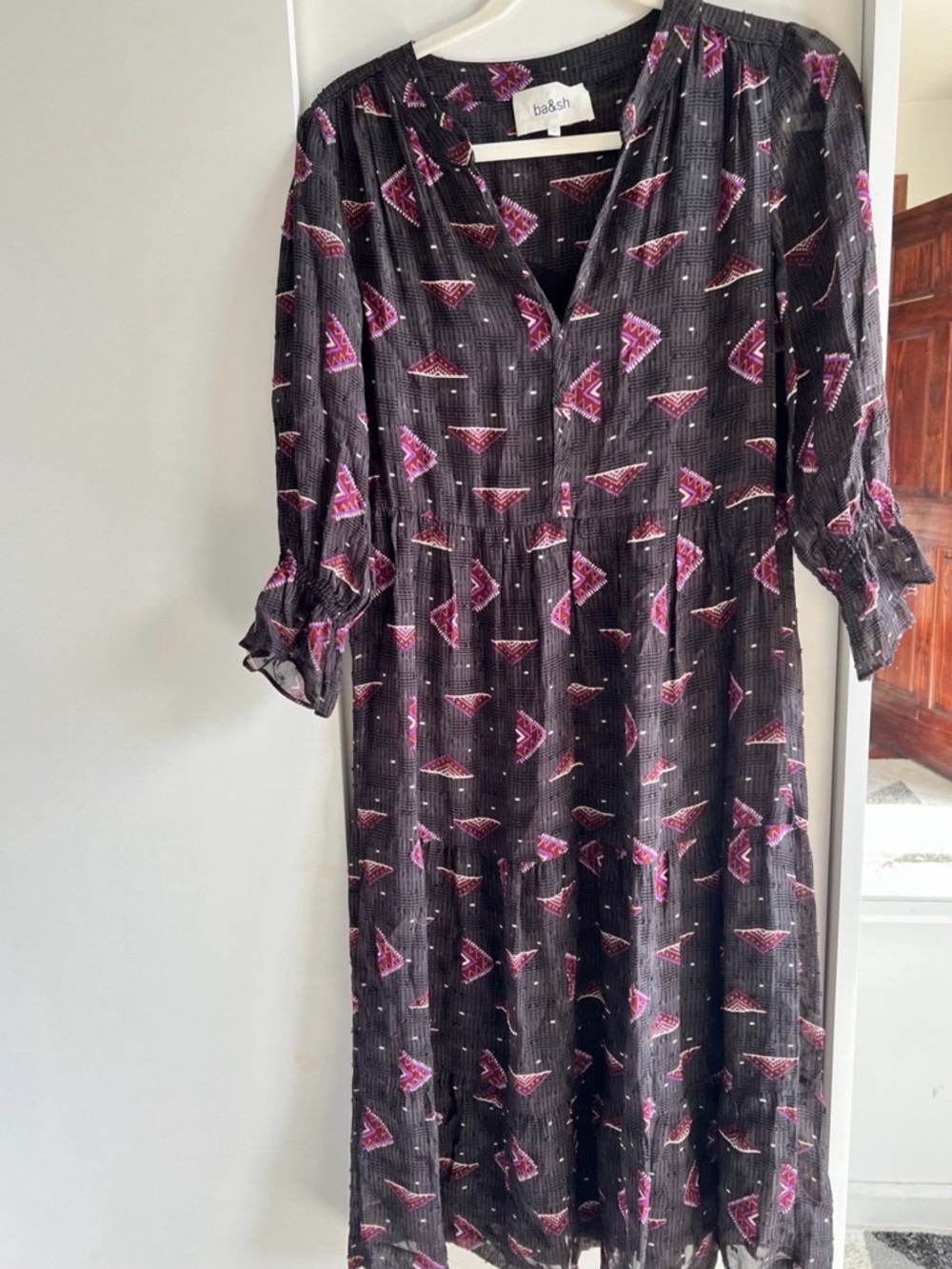 ba&sh Black Midi Dress with Brown Pink Geometric Motif